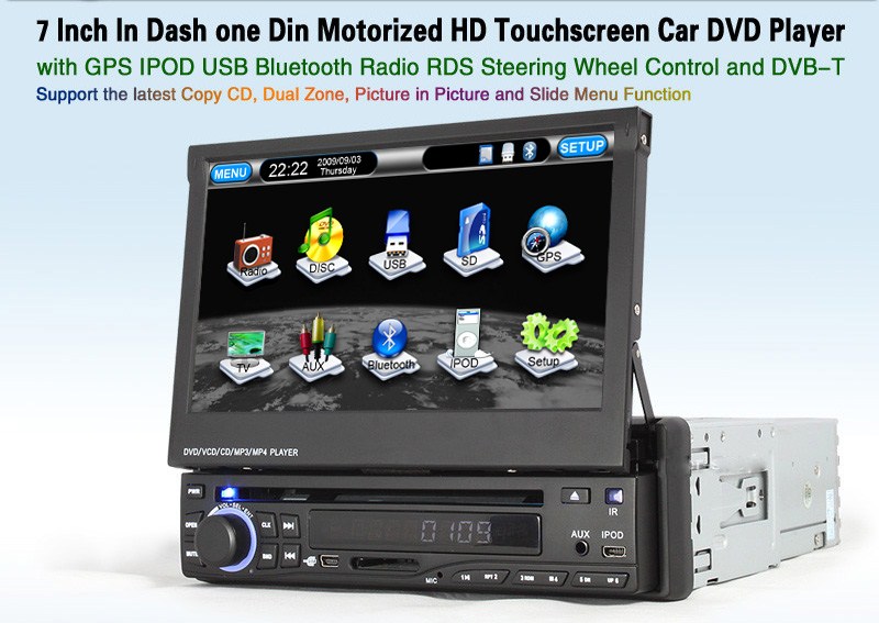 Autoradio AGW92 GPS WIFI DVD CD Bluetooth USB SD 1DIN simple emplacement universel (processeur 1GHZ)