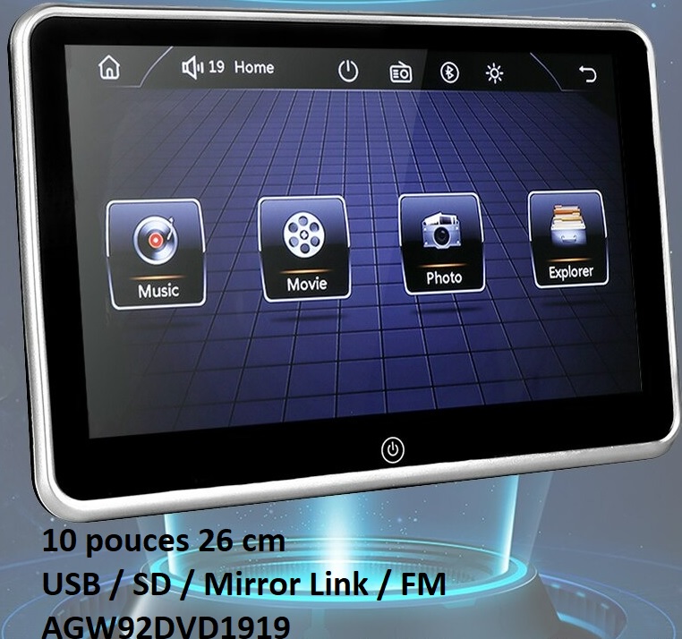 Ecran AGW92 tactile 10 pouces 26 cm HD USB SD FM Bluetooth Mirror Link pour appui tte