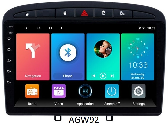 Autoradio AGW92 GPS WIFI Bluetooth USB SD 9 pouces pour PEUGEOT 308 (noir processeur 2GHZ)